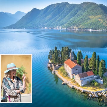 Joanna Lumley Montenegro island featuring a historic stone building surrounded by trees and water