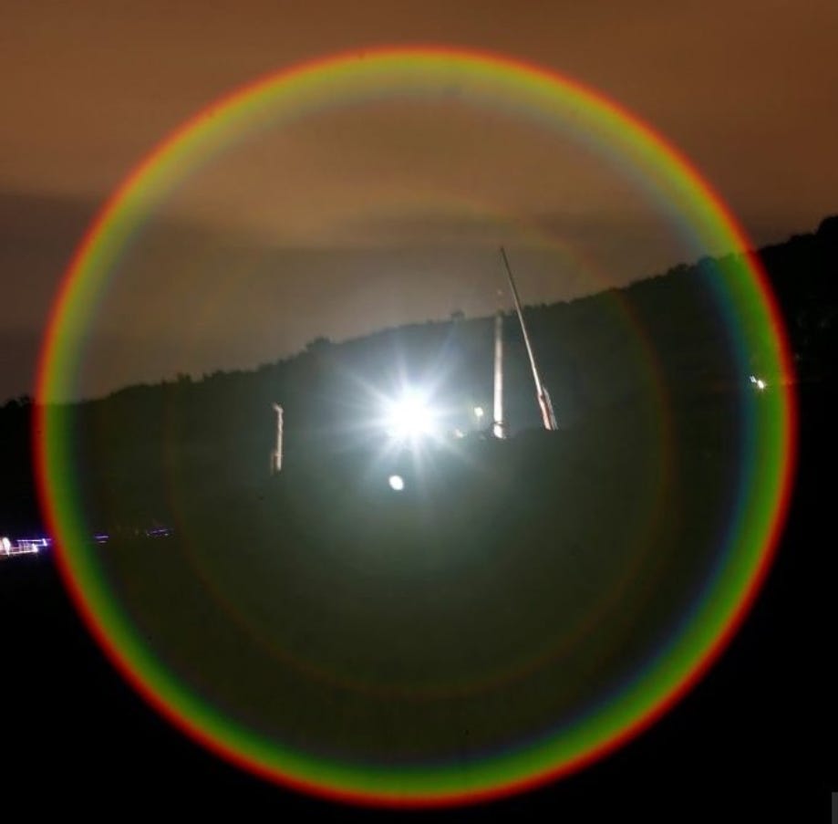 Light, Sky, Atmosphere, Lens flare, Rainbow, Circle, Meteorological phenomenon, Aurora, Space, Sphere, 