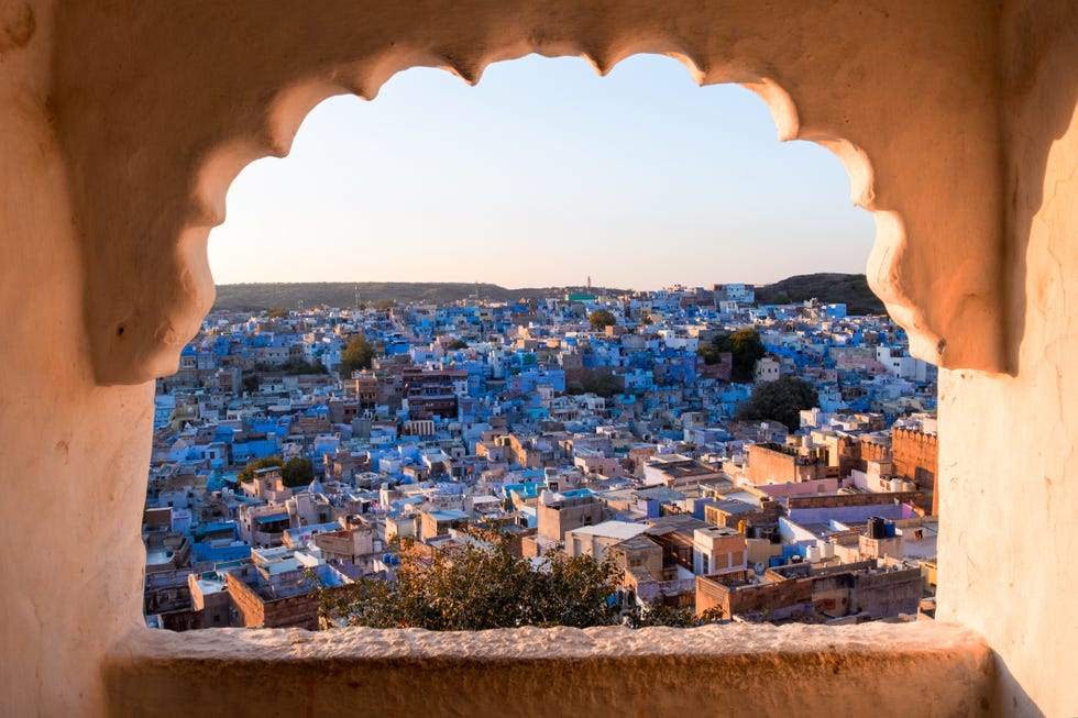 jodhpur, the blue city through window rajasthan, india