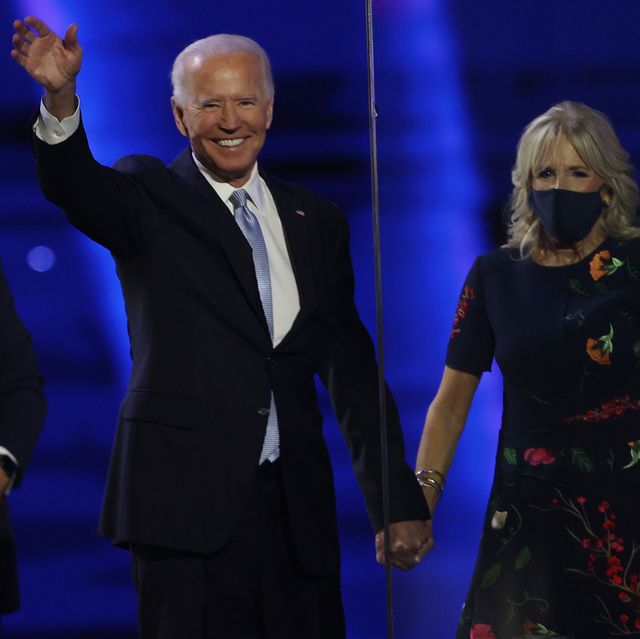 wilmington, delaware   november 07  president elect joe biden and jill biden wave to the crowd after biden's address to the nation from the chase center november 07, 2020 in wilmington, delaware after four days of counting the high volume of mail in ballots in key battleground states due to the coronavirus pandemic, the race was called for biden after a contentious election battle against incumbent republican president donald trump photo by tasos katopodisgetty images