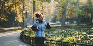 jogging in autumn park, running with a fever