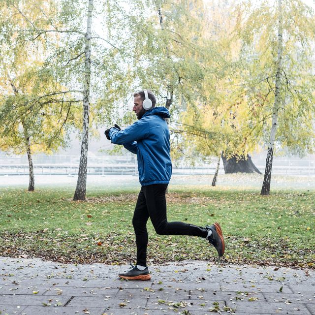 jogging with music in foggy park