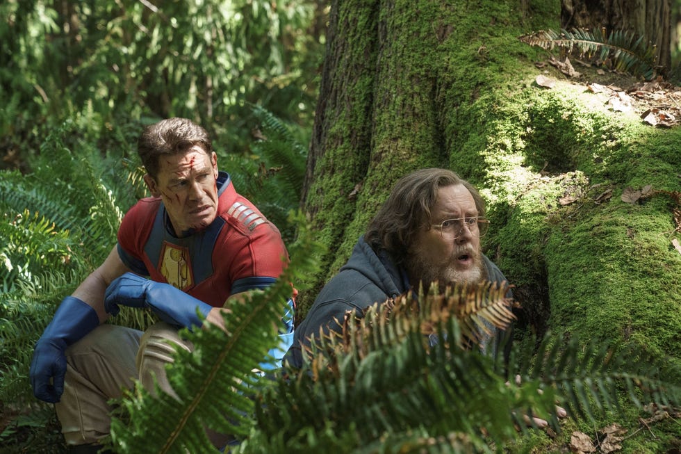 men hiding in a forest setting with ferns and mosscovered trees