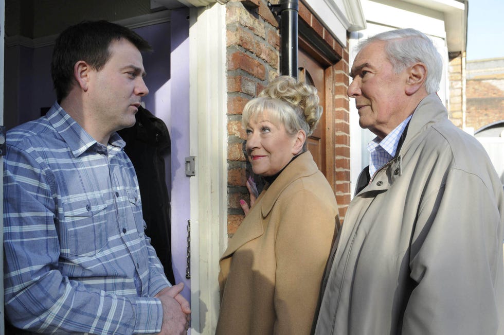 graeme hawley, michael mcstay and jean fergusson as john, dorothy and alan hoyle in coronation street