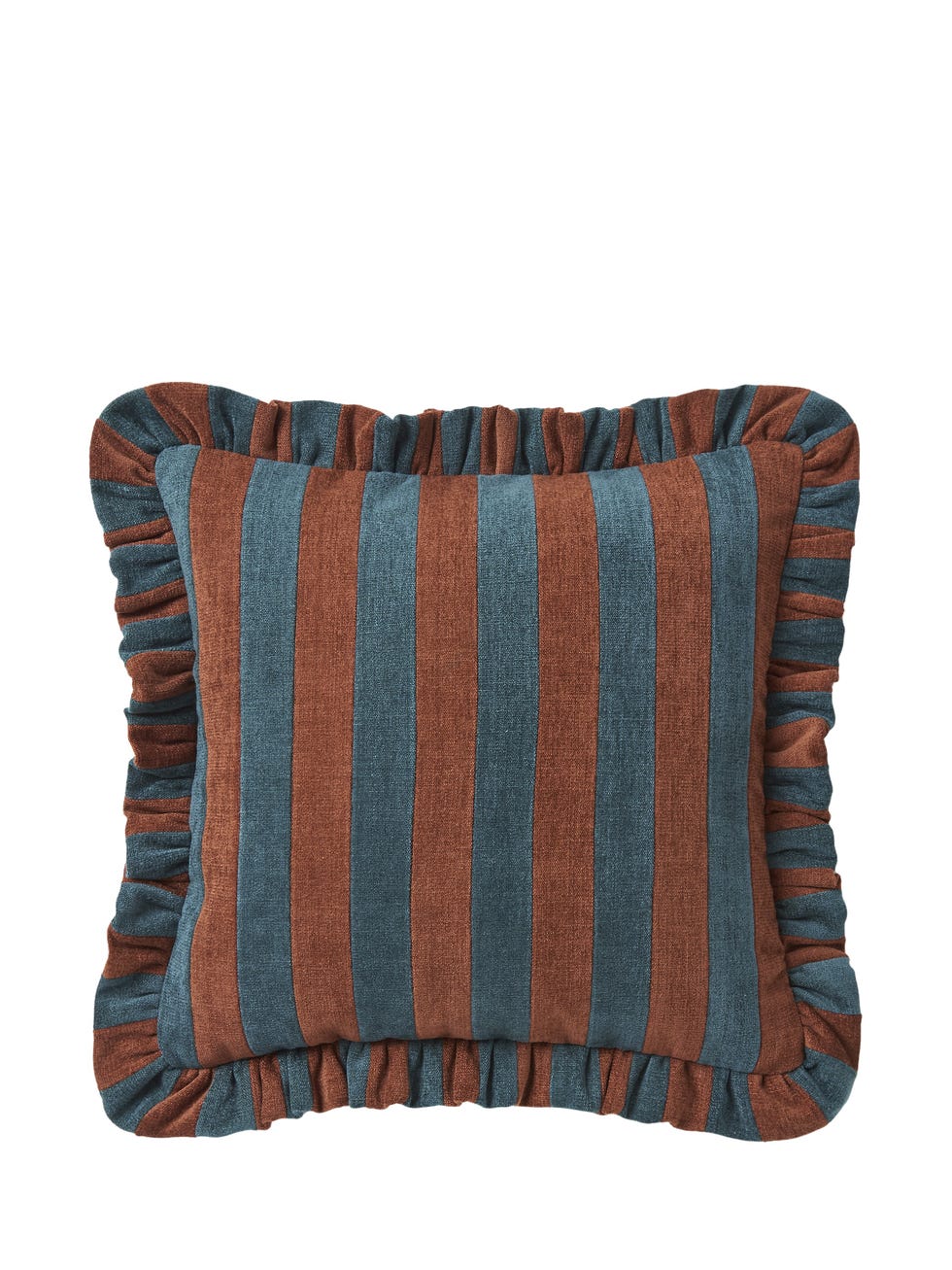 brown and teal striped cushion with ruffle