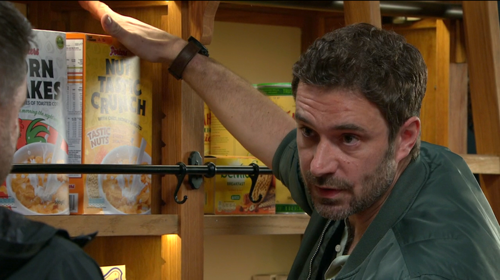 john sugden talks to aaron dingle at the shop, emmerdale