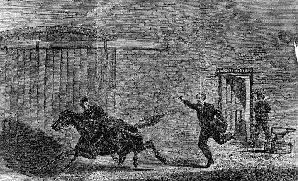 drawing of john wilkes booth riding away on a horse as a man chases after him