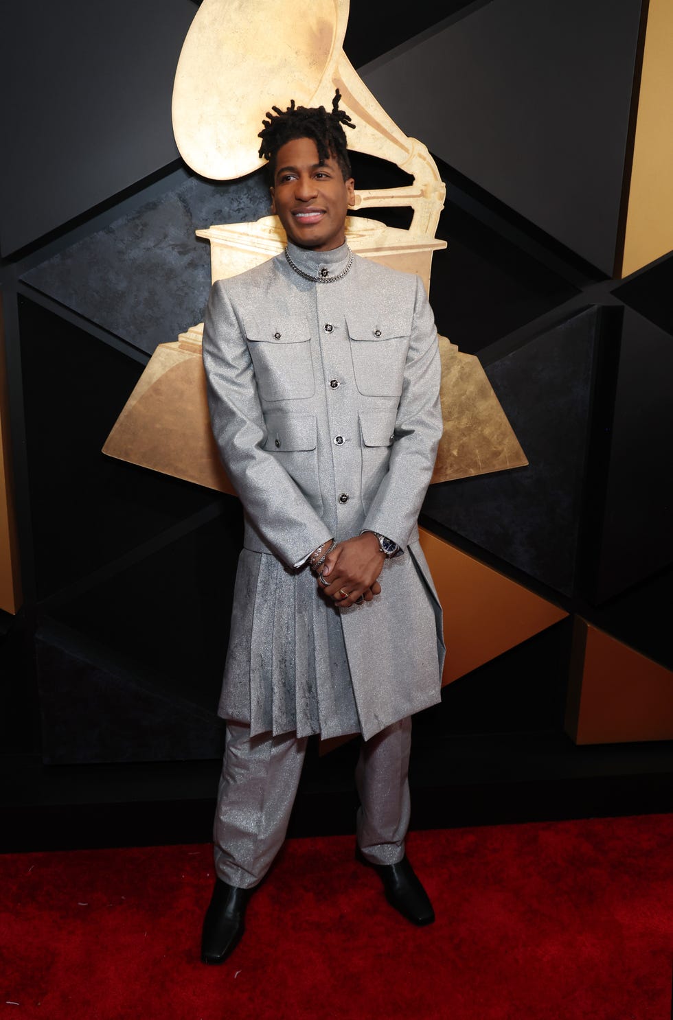 66th grammy awards red carpet jon batiste in versace