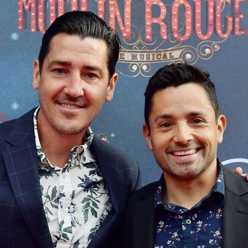 boston, ma july 29 singer jonathan knight and harley rodriguez arrive at the grand re opening of bostons emerson colonial theatre with the gala performance of moulin rouge the musical at emerson colonial theatre on july 29, 2018 in boston, massachusetts photo by paul marottagetty images for emerson colonial theatre