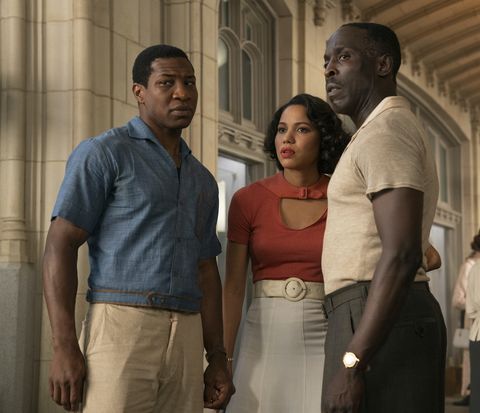 michael k williams with lovecraft country co stars jurnee smollett and jonathan majors