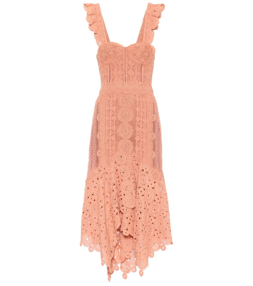 Dress, Clothing, Day dress, Pink, Cocktail dress, Lace, Peach, Gown, Neck, Ruffle, 