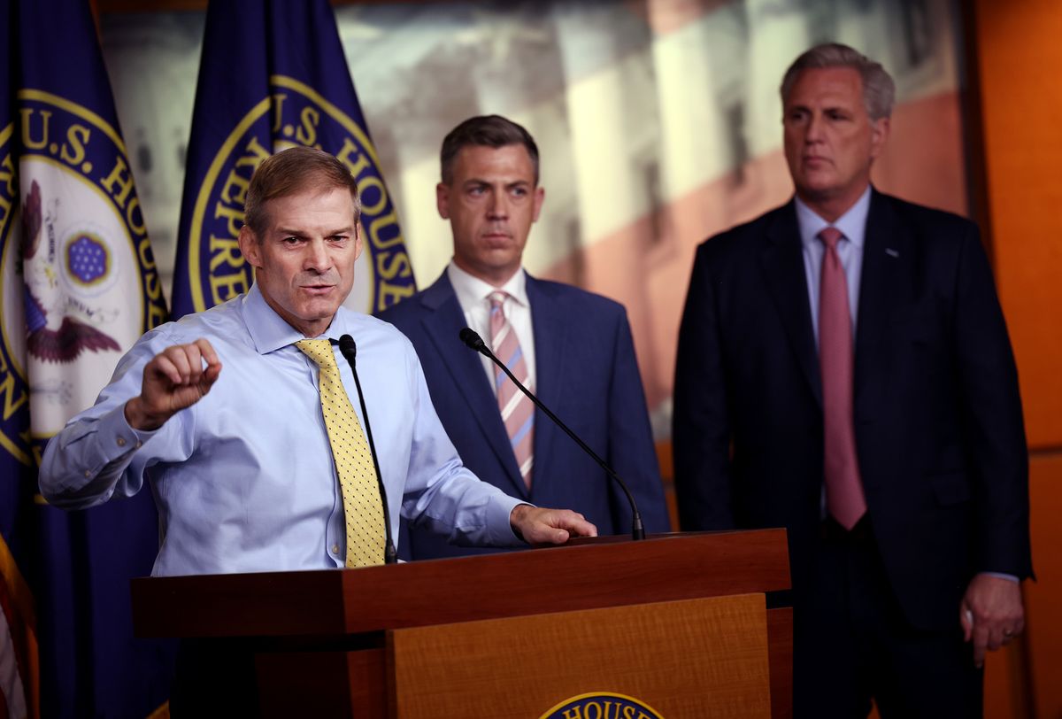 washington, dc   july 21 rep jim jordan r oh l, joined by rep jim banks r in c and house minority leader kevin mccarthy r ca speaks at a news conference on house speaker nancy pelosi’s decision to reject two of leader mccarthy’s selected members from serving on the committee investigating the january 6th riots on july 21, 2021 in washington, dc speaker pelosi announced she would be rejecting rep banks and rep jordan’s assignment to the committee photo by kevin dietschgetty images