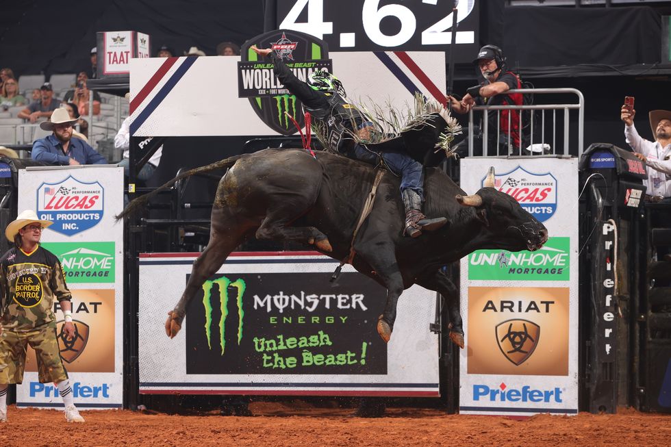 jose vitor leme rides tex brothers ranch5s bucking bulls’s big whiskey for 86 during the third round of the world finals unleash the beast pbr photo by andy watson  bull stock media