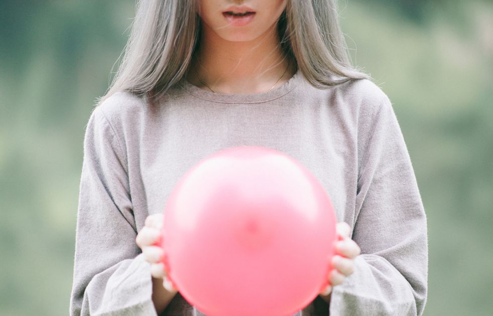 Pink, Balloon, Beauty, Blond, Lip, Party supply, Chewing gum, Child, Smile, Photography, 