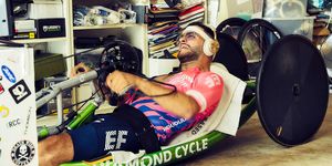 hand cyclist joseph volfman in his garage, also known as his training studio, in august 2021