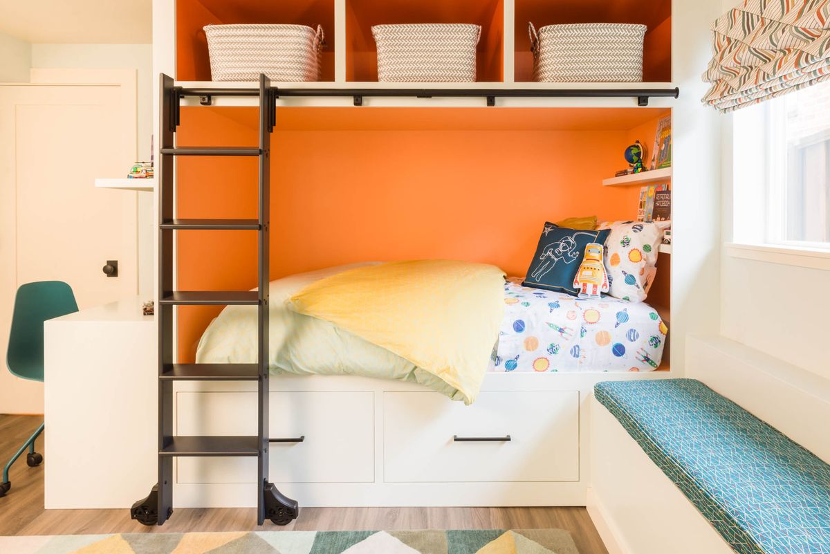 bedroom, kids bedroom, orange paint, bunk bed