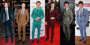 Red carpet, Suit, Carpet, Green, Formal wear, Blazer, Tuxedo, Flooring, Footwear, Premiere, 