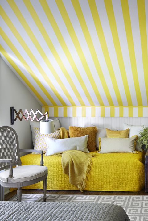 Yellow, Room, Wall, Green, Interior design, Wallpaper, Property, Orange, Window covering, Furniture, 