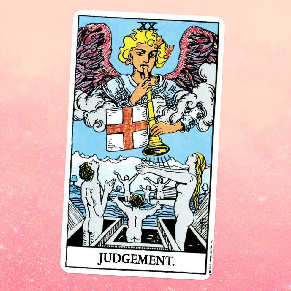 the judgement card for tarot, showing an angel blowing a trumpet and nude people rising from their graves