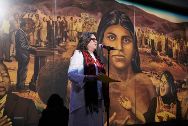 judith baca, ucla professor emeritus of chicana and chicano and central american studies and a professor of world arts and cultures, at the unveiling of her mural la memoria de la tierra ucla