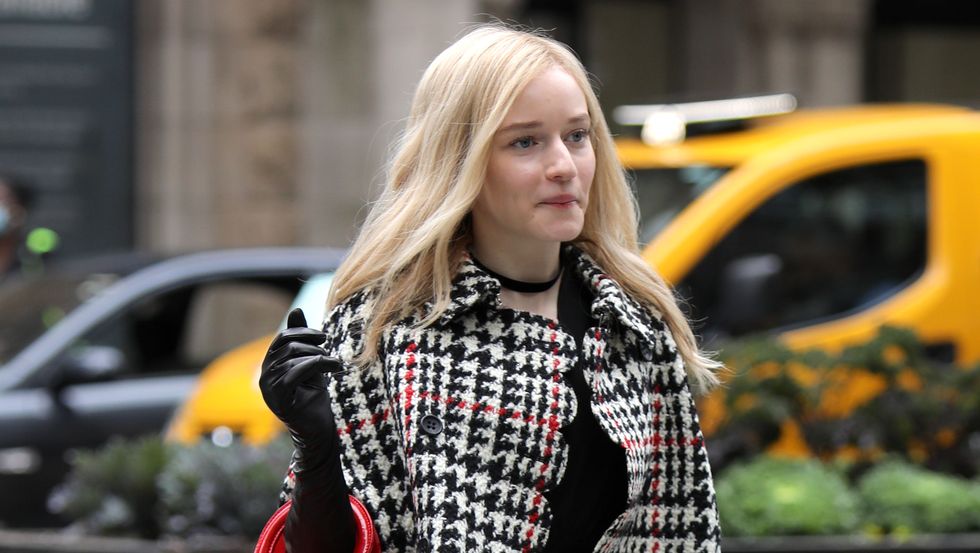 new york, ny   september 29 julia garner is seen filming inventing anna on september 29, 2020 in new york city  photo by jose perezbauer griffingc images
