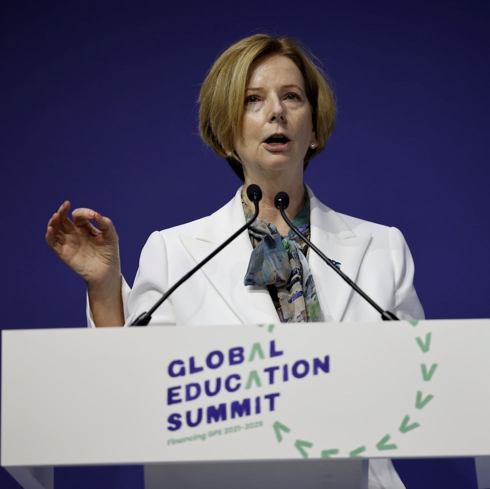 australia's former prime minister julia gillard speaks during the closing ceremony on the second day of the global education summit on july 29, 2021 in london, england