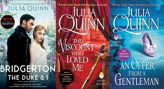 the first three books from quinn’s popular bridgerton series "the duke and i," "the viscount who loved me," and "an offer from a gentleman"