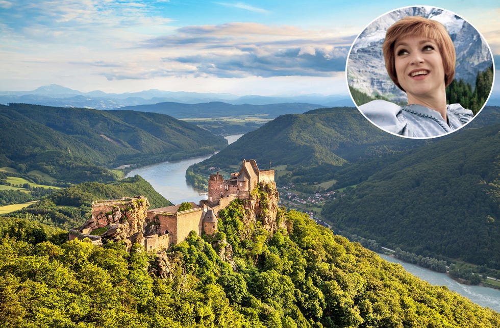 beautiful landscape with aggstein castle ruin and danube river at sunset in wachau, austria