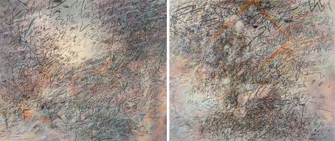 julie mehretu’s howl, eon i, ii is a diptych created in 2016 through 17 that was commissioned by the san francisco museum of modern art as a gift from helen and charles schwab
