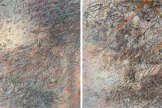 julie mehretu’s howl, eon i, ii is a diptych created in 2016 through 17 that was commissioned by the san francisco museum of modern art as a gift from helen and charles schwab