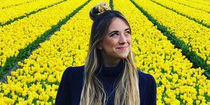People in nature, Yellow, Flower, Plant, Spring, Rapeseed, Mustard plant, Smile, Outerwear, Flowering plant, 