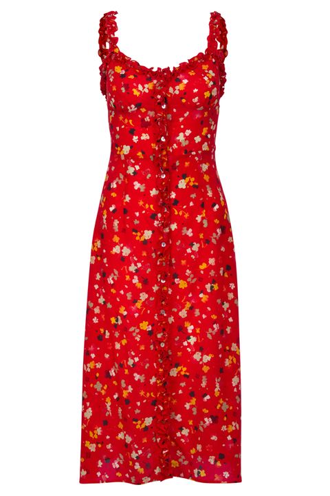 Clothing, Dress, Day dress, Cocktail dress, Red, Pattern, One-piece garment, Pattern, Sleeve, Neck, 