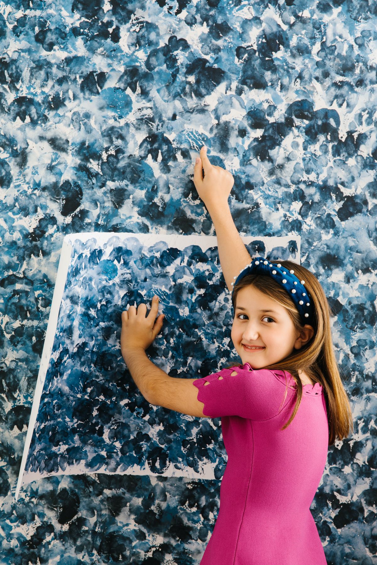 Portrait Girl 9 Years Old on a Background of Blue Wallpaper at Home Stock  Photo  Image of happy house 178247842