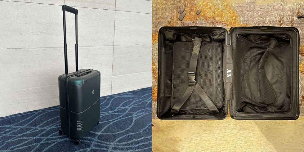 a july suitcase opened and closed against carpeting