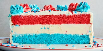 ice cream cake layered with blue, white, and red, topped with blue and white dollops of icing and sprinkles