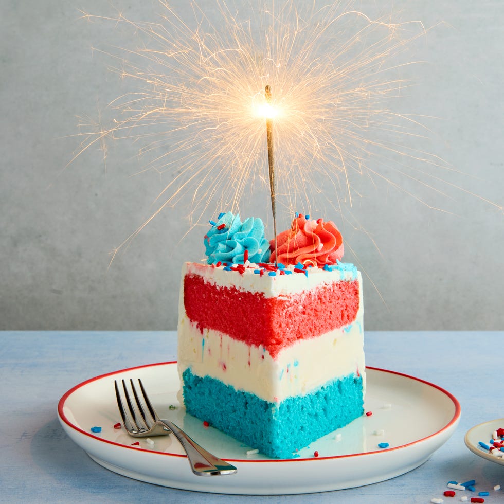 ice cream cake layered with blue, white, and red, topped with blue and white dollops of icing and sprinkles