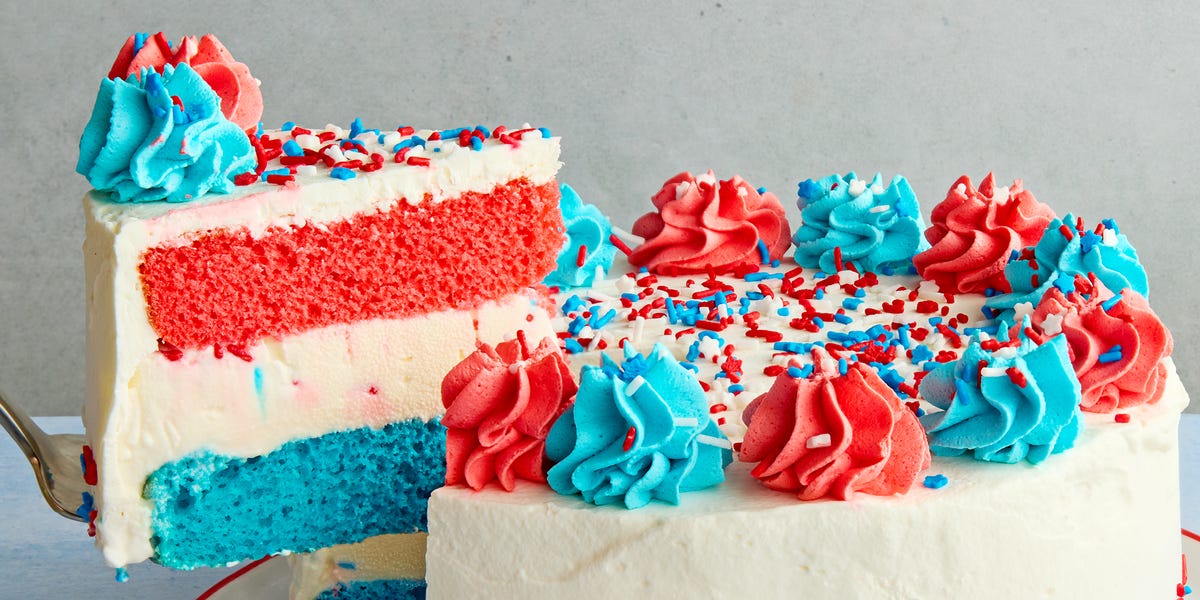 July 4th Ice Cream Cake ice cream cake layered with blue, white, and red, topped with blue and white dollops of icing and sprinkles
