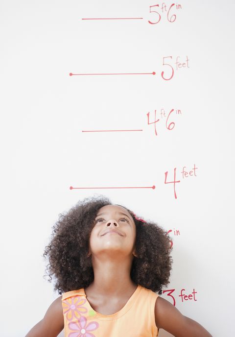 girl standing near height chart