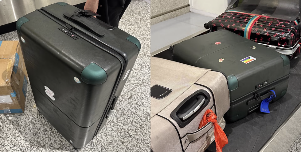 a suitcase from july in an airport and lying on a luggage carousel