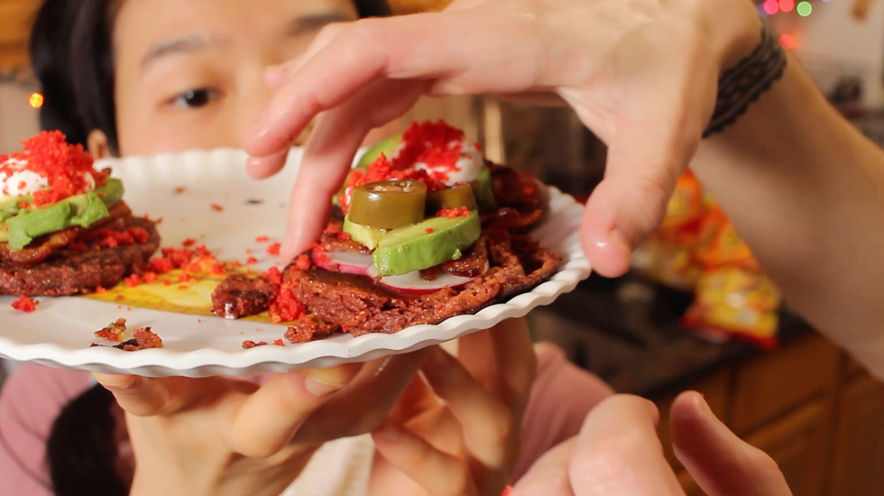 flamin' hot cheetos pancake tartine on a plate