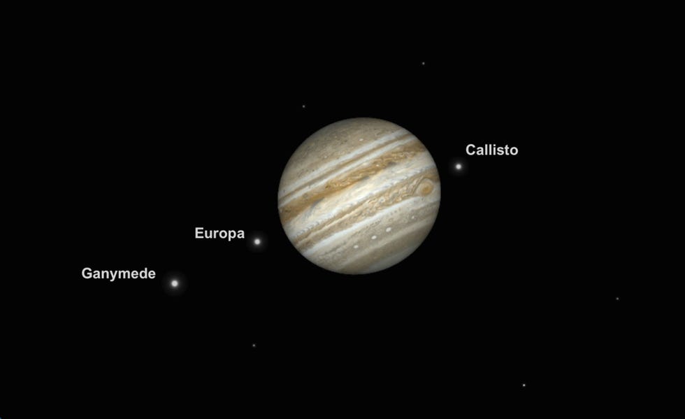 Jupiter zal op 10 juni extra groot en helder aan het firmament staan en gedurende de hele nacht een fraaie aanblik bieden Deze illustratie maakt duidelijk wat je zou zien als je Jupiter en zijn manen door een amateurtelescoop zou bekijken