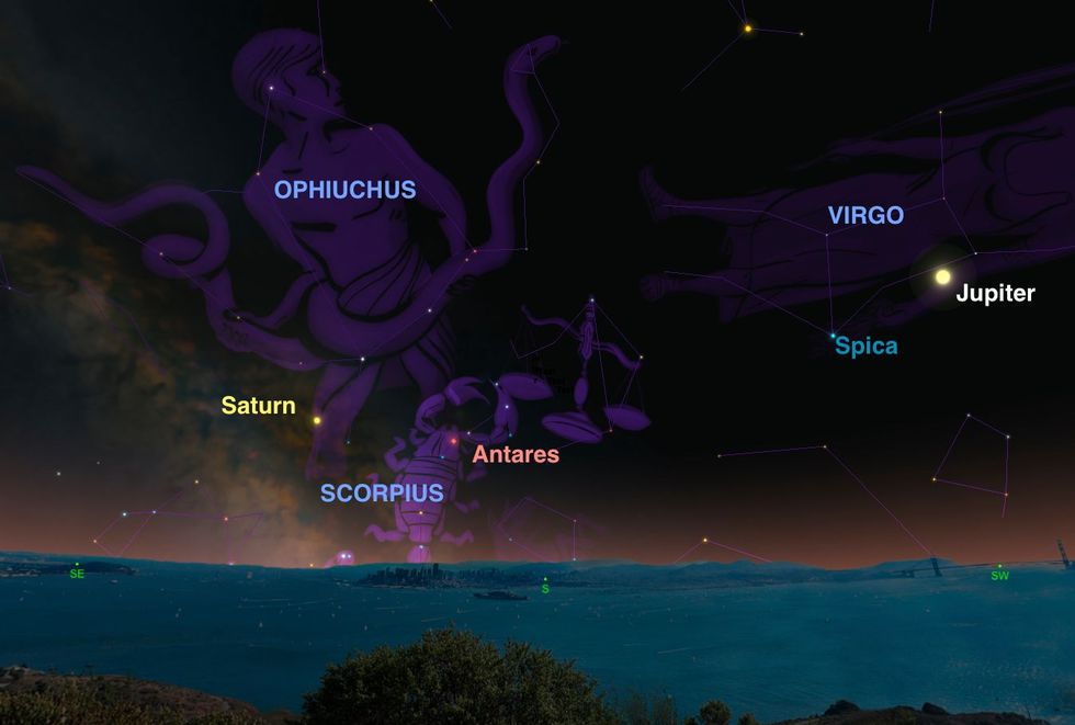 Saturnus zal op 15 juni in combinatie met Jupiter en twee sterren een extra kleurrijke aanblik bieden