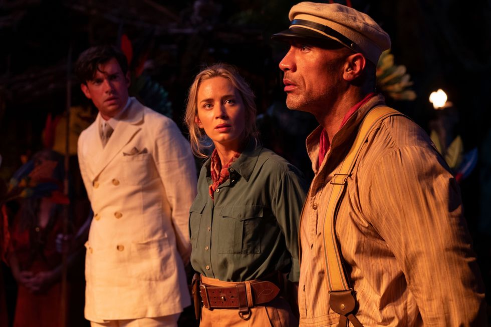 dwayne johnson as frank wolff, emily blunt as lily houghton and jack whitehall as macgregor houghton in jungle cruise
