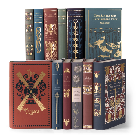 collection of classic children's books like tom sawyer and huckleberry finn the quixote jane eyre and others with beautiful covers