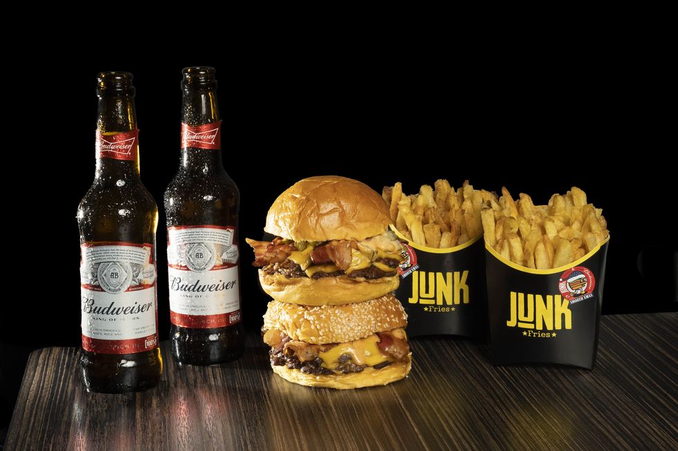 a group of bottles and a burger