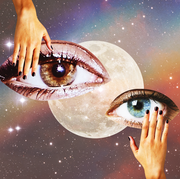 two hands reach out to put giant eyes over the moon