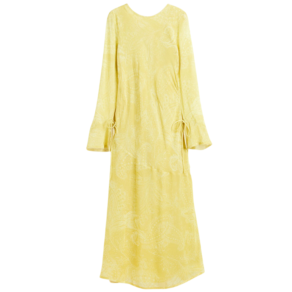 gele chiffon jurk met dessin van hm