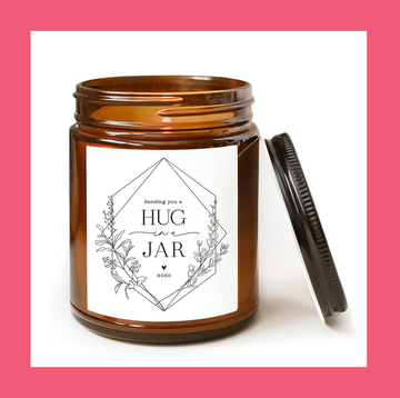 best just because gifts, hug in a jar candle and flower set