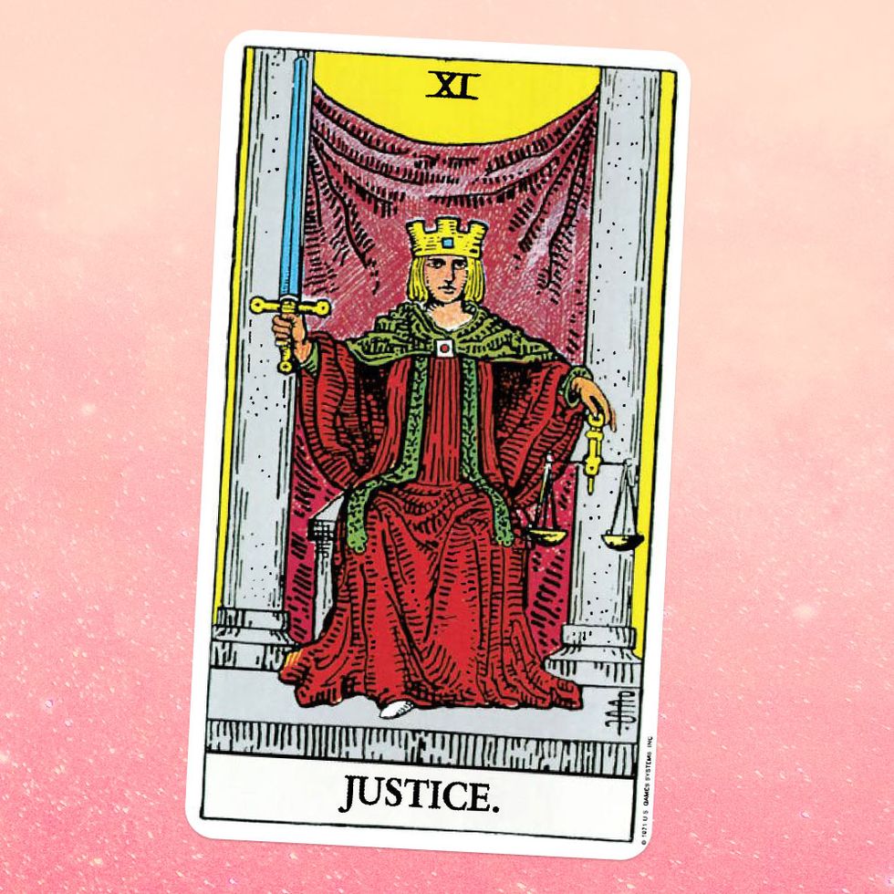 the tarot card justice, showing a person in a robe and crown, holding a sword, sitting on a throne
