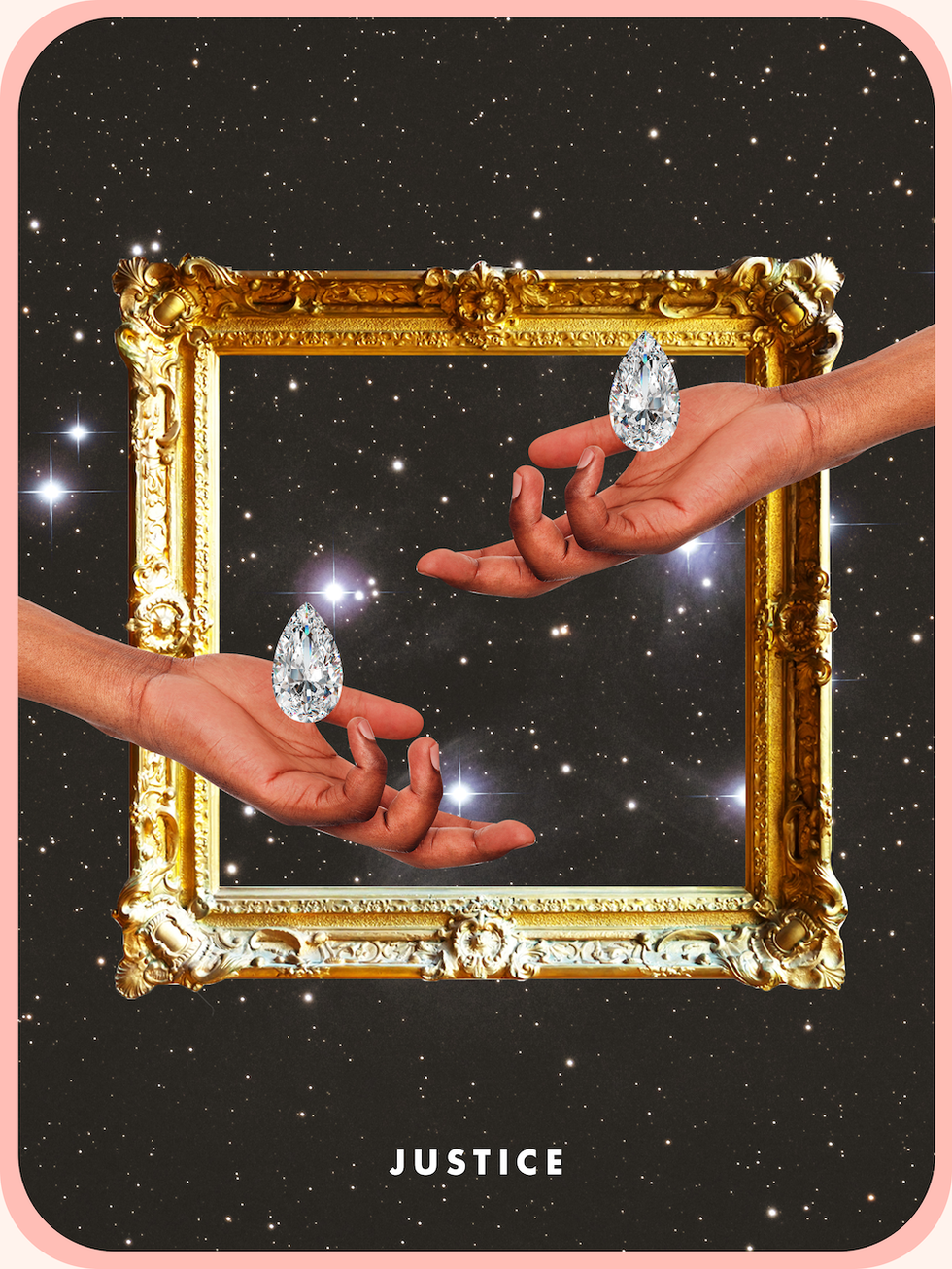 Justice Tarot Card the tarot card justice, showing two hands reaching out to catch teardrop shaped diamonds over a golden picture frame and a dark, starry sky